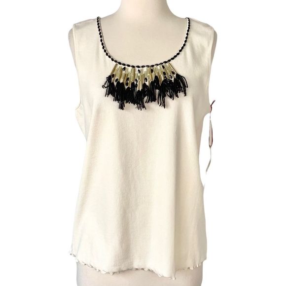Ruby Rd. Cream Ribbed Beaded Tassel Sleeveless Top - Picture 1 of 4